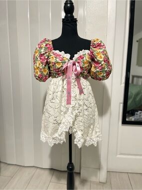 Floral Puff Sleeve Lace Babydoll Top with Pink Ribbon Accent
